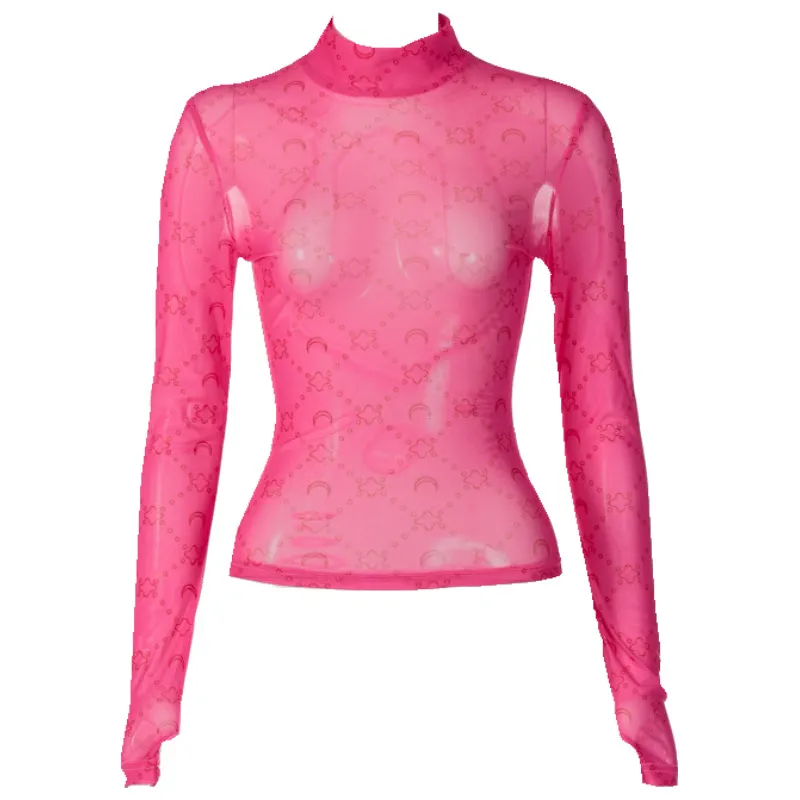 Uveng 2024 Summer Women's New Sexy Mesh Perspective Thin Half-High Collar Long-Sleeved Bottom Shirt