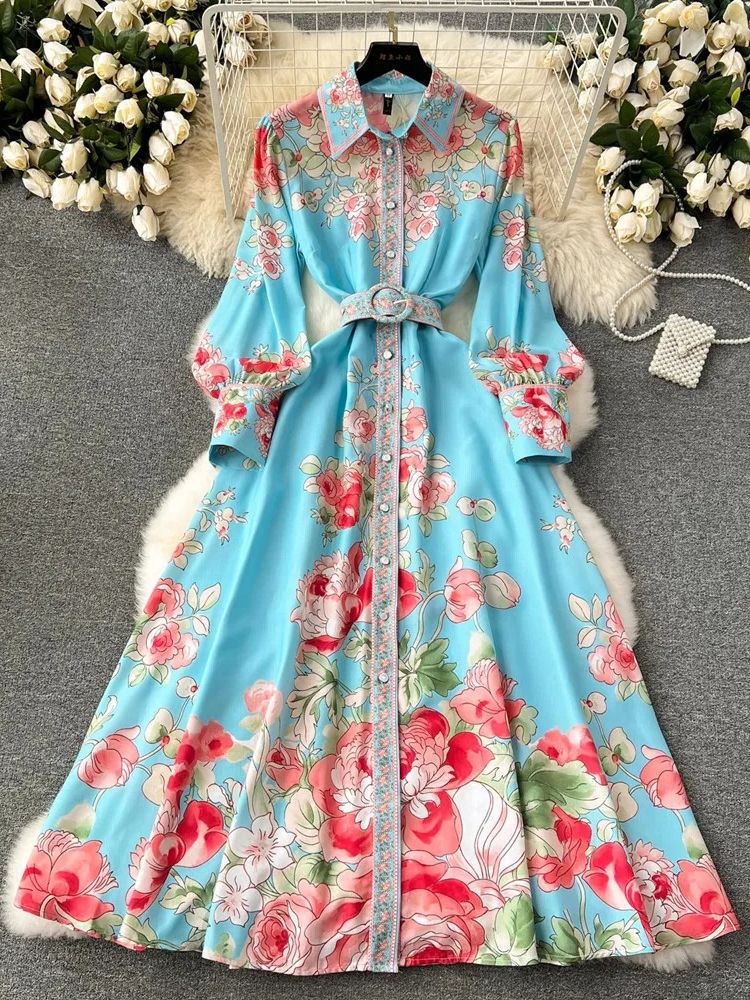 Autumn Gorgeous Rose Flower Dress Women's Linen Clothing Shirt Collar Lantern Sleeve Single Breasted Floral Print Long Vestidos
