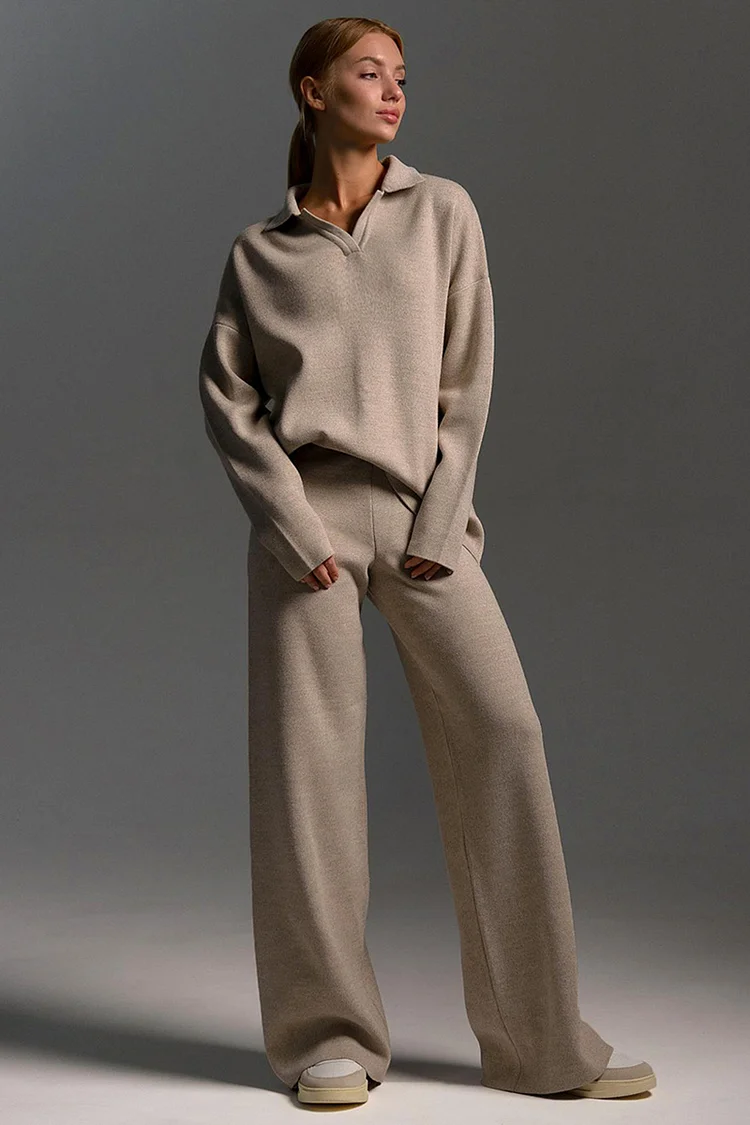 Knit Turndown Collar Sweater Plain Wide Leg Pants Matching Set-Beige