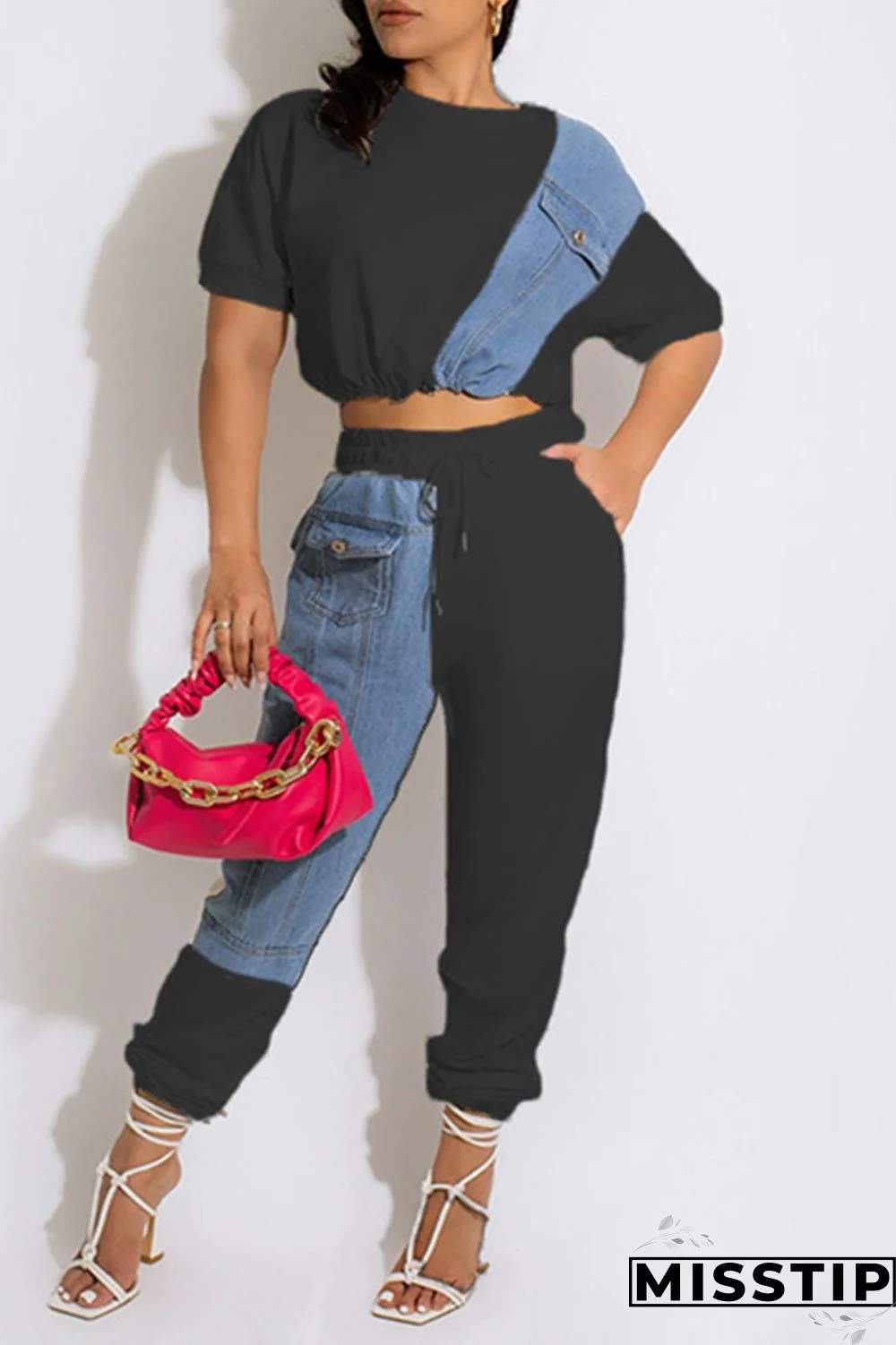 Black Fashion Casual Patchwork Basic O Neck Short Sleeve Two Pieces