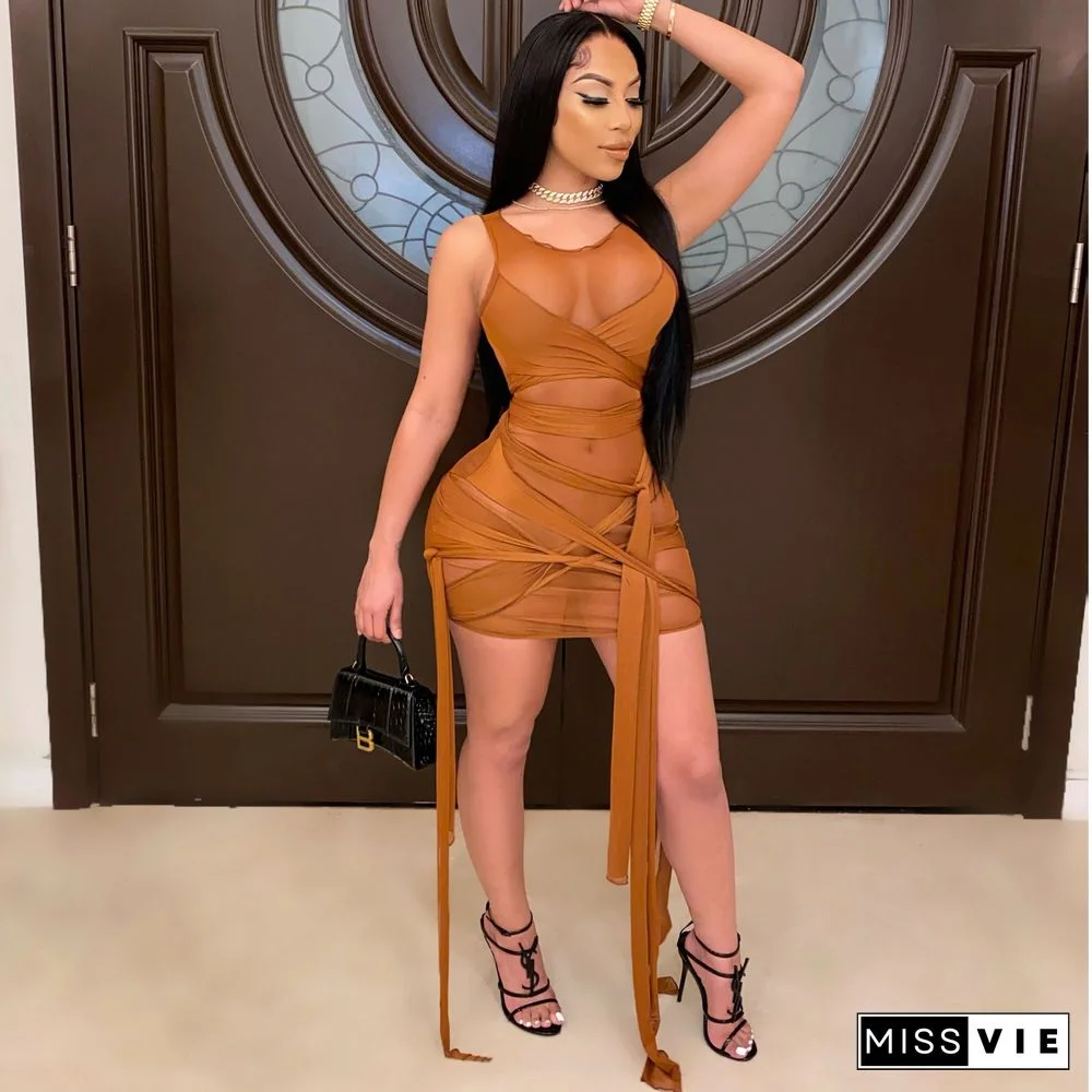 ANJAMANOR Sexy Mesh Bandage Dress Summer ClothesFor Women Birthday Party Club Outfits Bodycon Mini Dresses D12-BI30