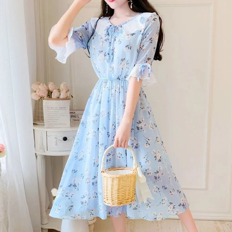 Jangj Ruffled Peter Pan Collar Pink Floral Chiffon Dress Spring Summer Sweet Style Dress Korean Style Prairie Chic Casual Dress