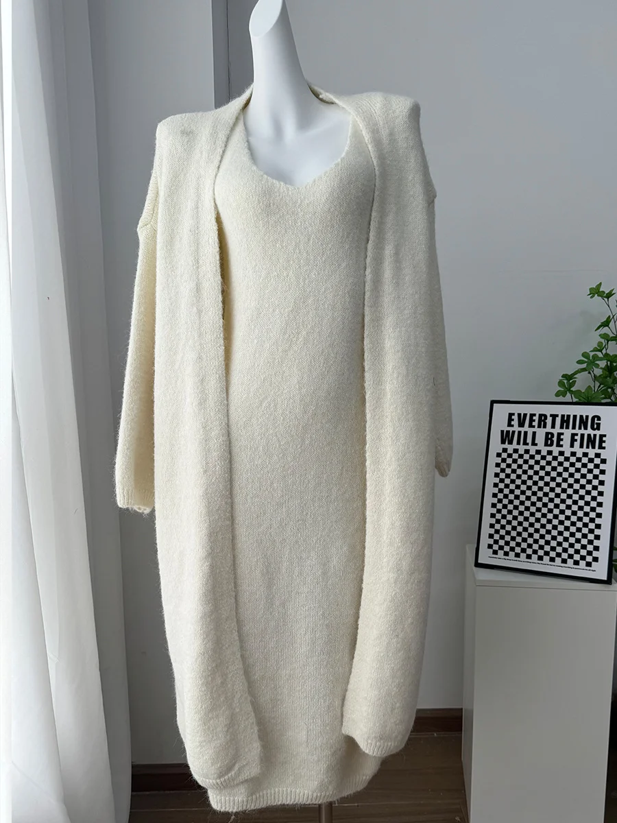 Athvotar Athvotar Autumn And Winter Hot Sweater Set Women Loose Long Version Thicker Cardigan + V Collar Vest Skirt
