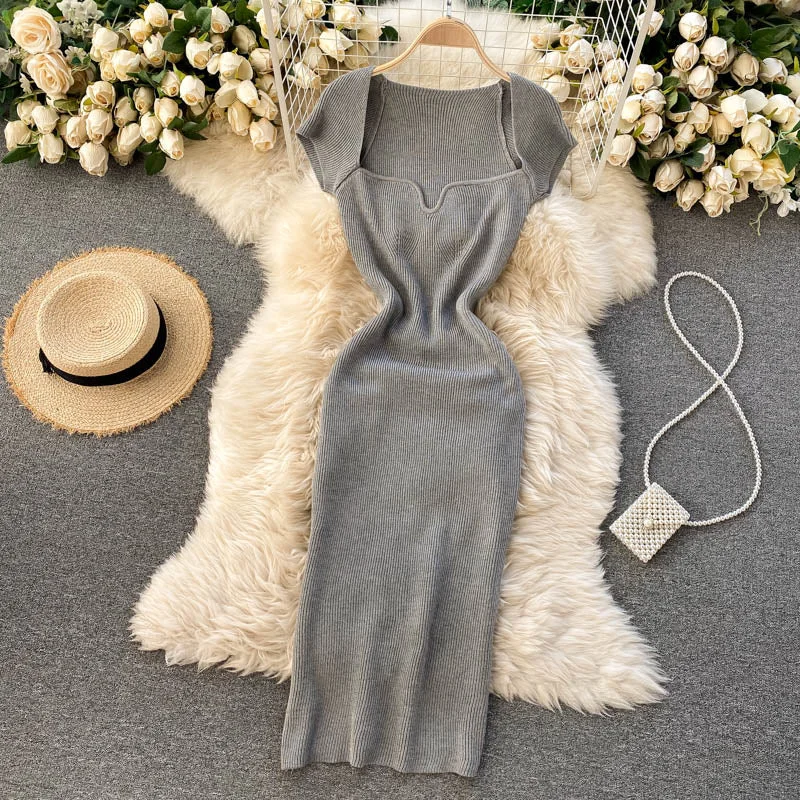 Croysier Spring Summer Short Cap Sleeve Knitted Sexy Bodycon Dress Back Slit Square Neck Casual Vintage Elegant Midi Dress Women