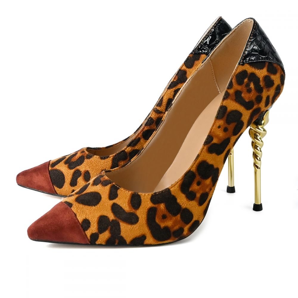 Brown Leopard Print Heels Pointy Toe Decorative Heel Pumps Nicepairs