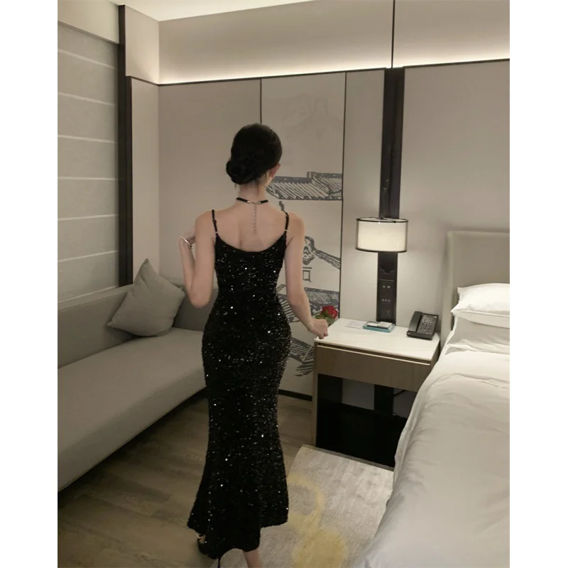 Churchf Churchf New Light Luxury French Condole Dress Female Autumn Velvet Fishtail Temperament Black Sequined Evening Dress Dress