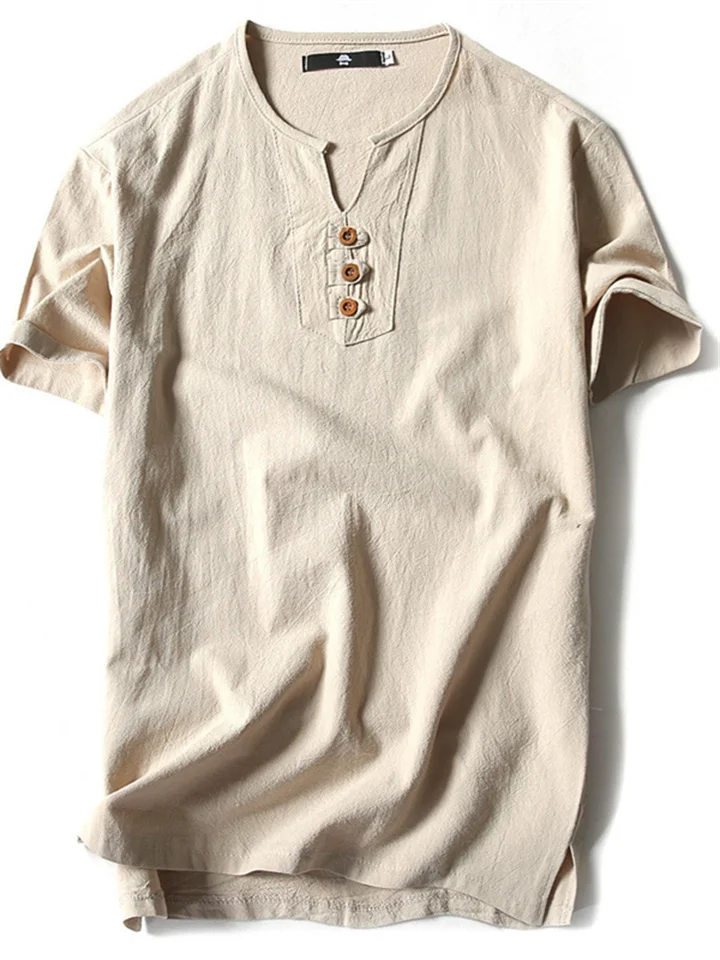 Men's Linen Shirt Summer Shirt Henley Shirt Plain V Neck Casual Daily Short Sleeve Clothing Apparel Fashion Comfortable-Cosfine