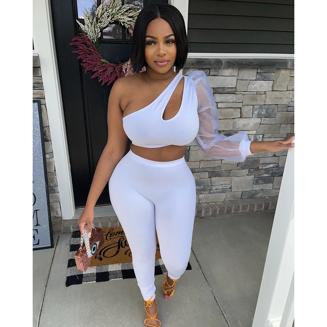 CM.YAYA Women 2 Piece Set Mesh One Sleeve Crop Top and High Waist Legging Pants Matching Set Fitness Outfits Street Tracksuit