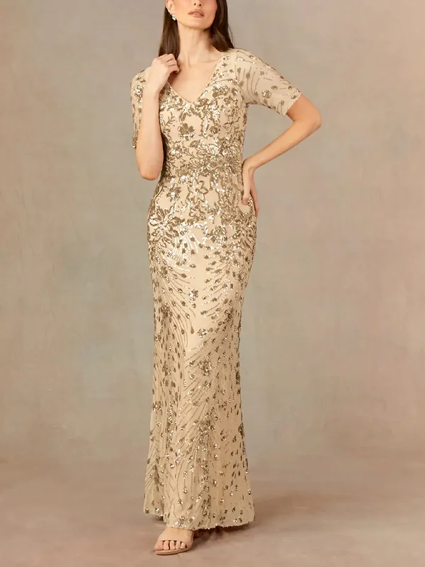 V-Neck Sequin Solid Color Maxi Dress