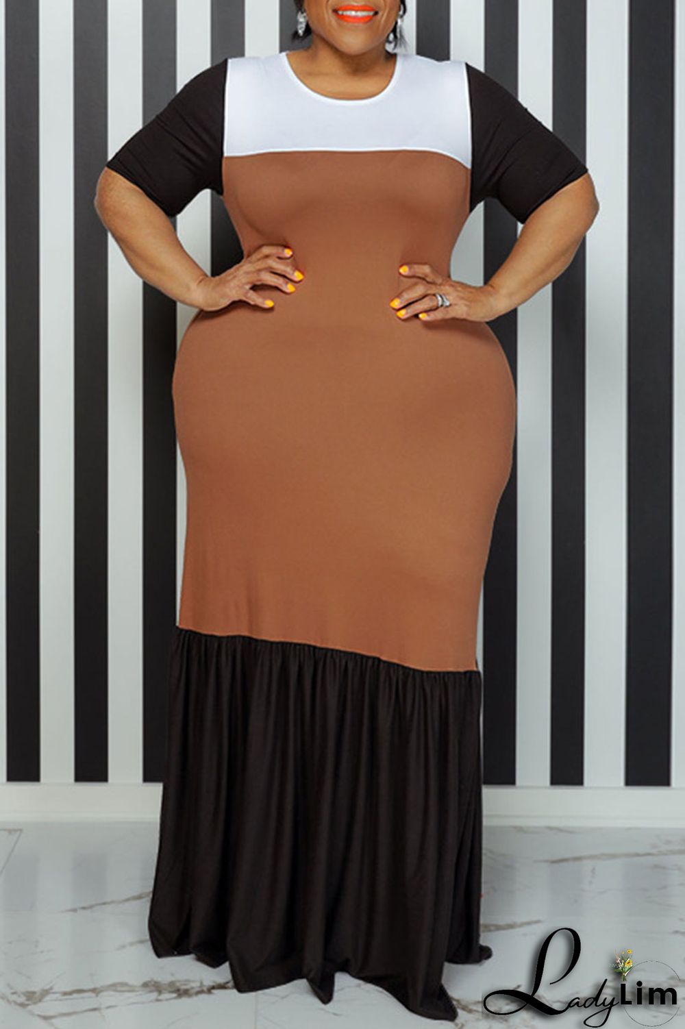 Pink Casual Solid Patchwork O Neck Straight Plus Size Dresses