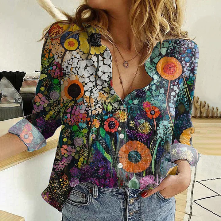 Women's Vintage Floral Art Painting Linen Button-down Shirt