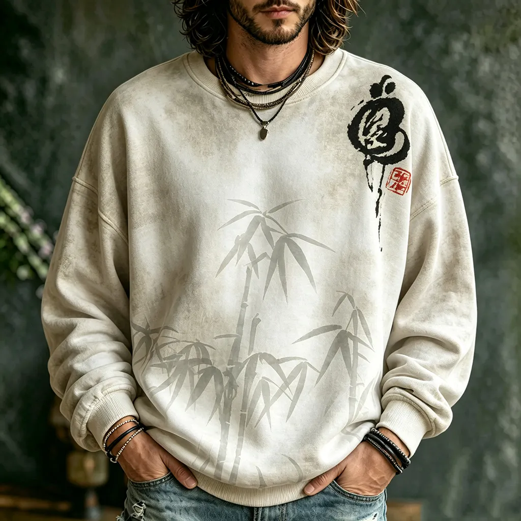 Men's Retro Japanese Bamboo And Calligraphy Art Pattern Warm Sweatshirt  artssus