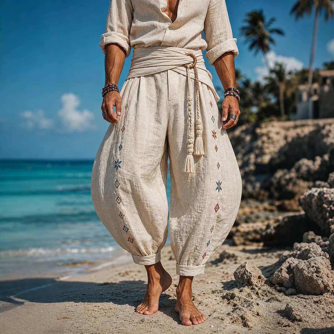 Linen Blend Embroidered Harem Pants &ndash; Loose Fit, High-Waisted, Bohemian Style Trousers For Beach & Summer Wear-INSPIREUSE