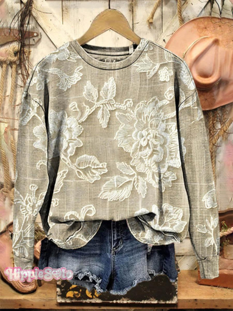 Vintage Lovely Lace Floral Pattern Art Print Casual Sweatshirt Multicolor / S