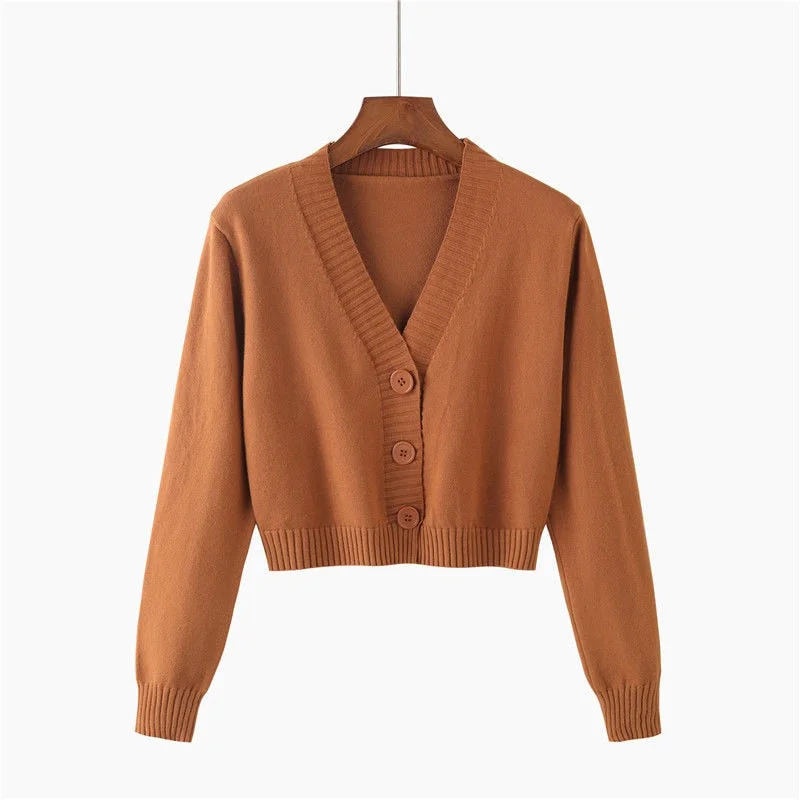 Knitted Crop Cardigan Women Korean Short Sweater Long sleeve V neck Green Blue