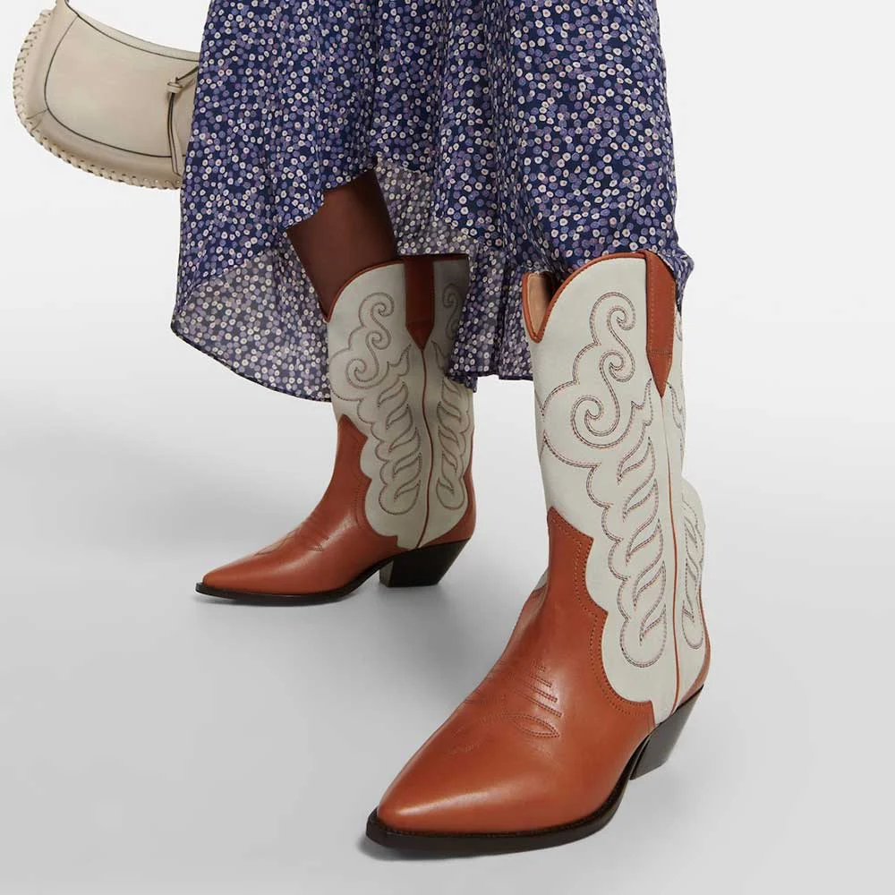 Brown & White Pointed Toe Embroidered Mid-Calf Cowgirl Boots Nicepairs