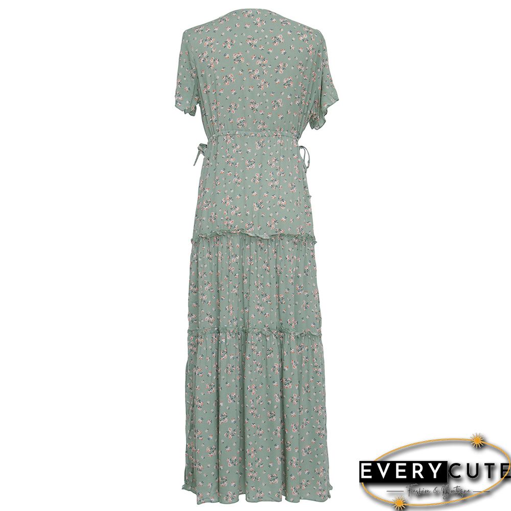 Green Tiered Ruffle Detail V Neck Floral Dress