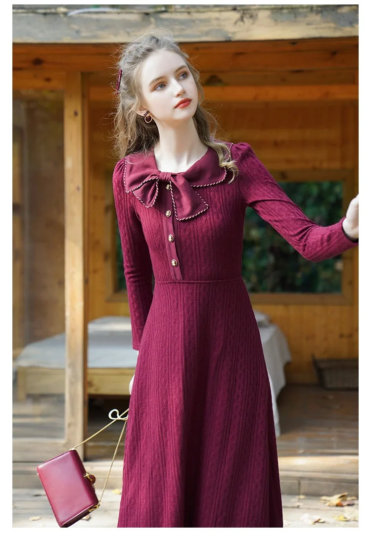 Fairy Tales Aesthetic Dark Academia Bow Collar Knitted Dress QueenFunky