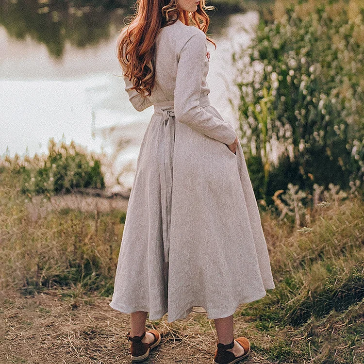 Retro Plaid Cotton Blend Single Breasted Maxi Dress With Belt