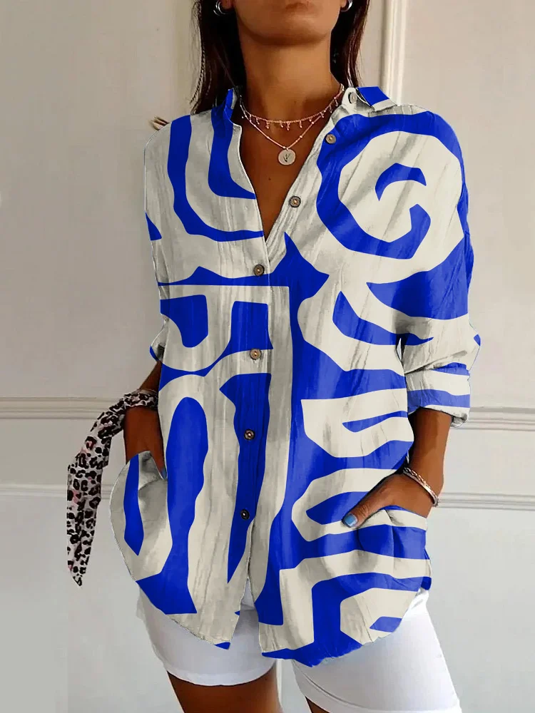 Vintage Indigo Abstract Art Print Long Sleeve Shirt