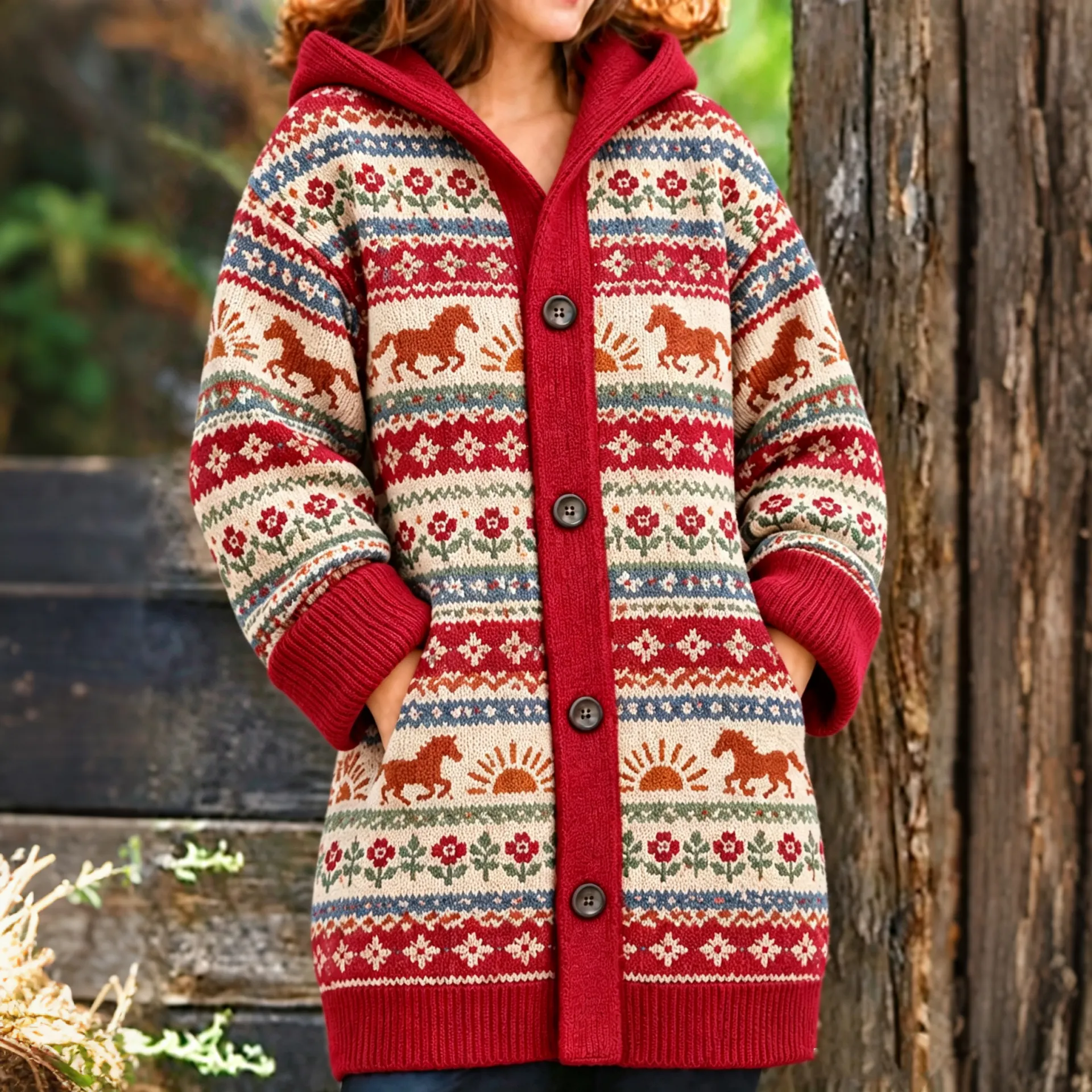 Comstylish Women's Vintage Tribal Horse And Floral Patterns Icelandic Knit Hooded Cardigan