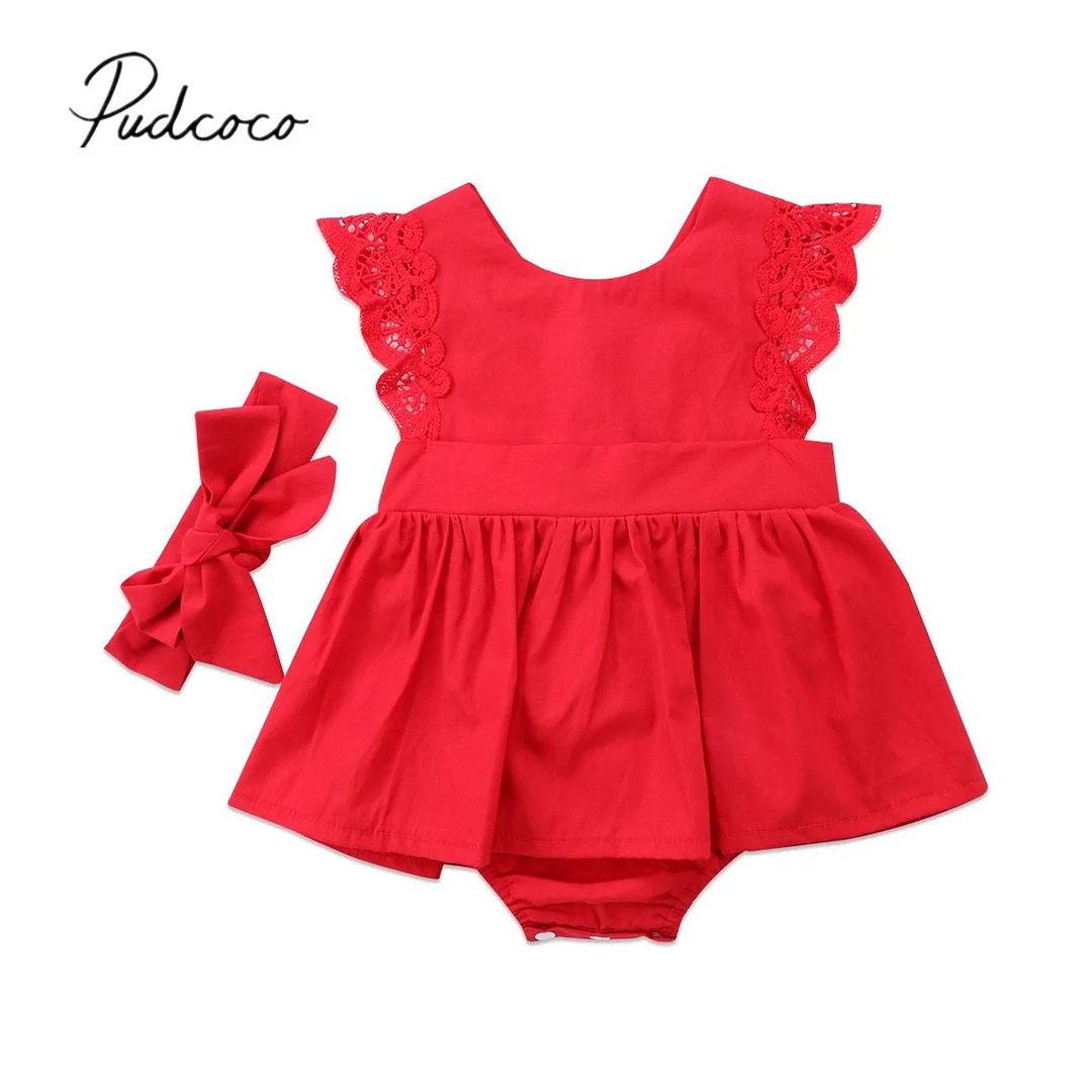 2019 Brand New 2Pcs Christmas Toddler Infant Newborn Baby Girls Romper Dress Jumpsuit Outfits TuTu Clothe+Headband Red Sets Gift