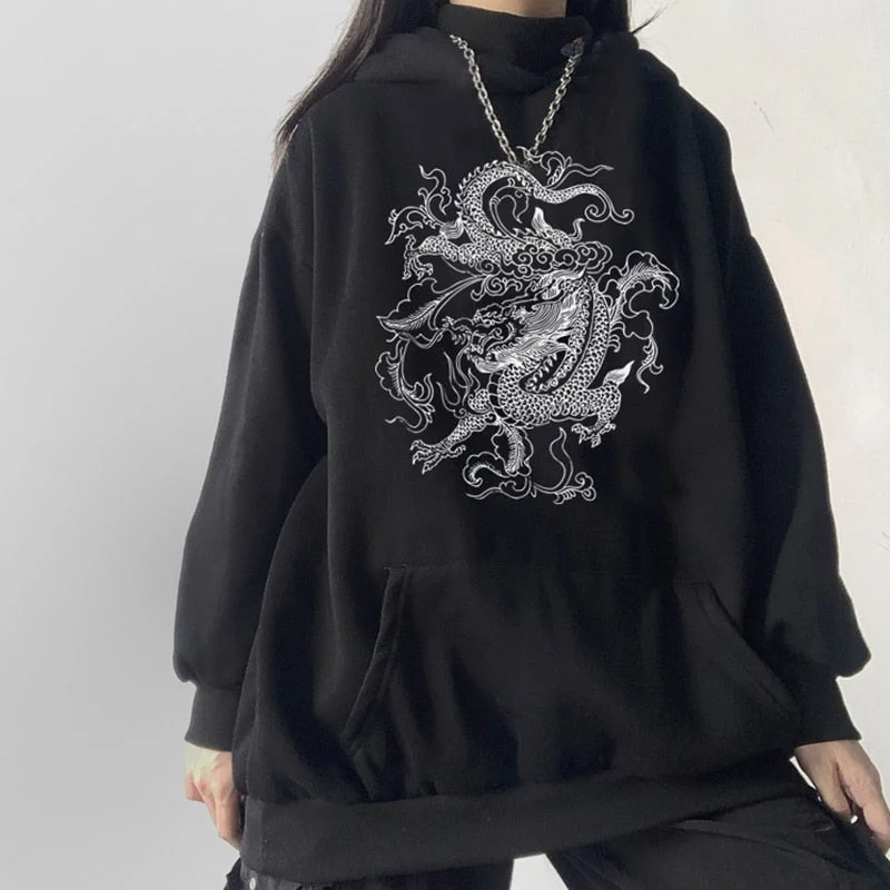 Gothic Dragon Print Hoodies Women Harajuku Vintage Hoodie Sweatshirt Oversized Streetwear Y2k Casual Winter Autumn Grunge Coat