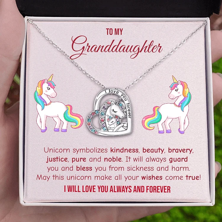 To My Granddaughter Heart Unicorn Necklace "I Love You Forever"