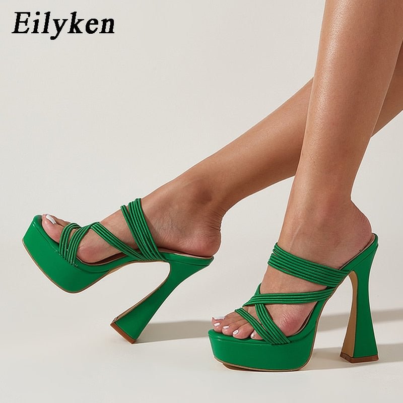 Eilyken 2022 New Green Square toe Narrow Band Slippers Slides Summer Fashion Gladiator Sandals Women Shoes Square Heels 13cm