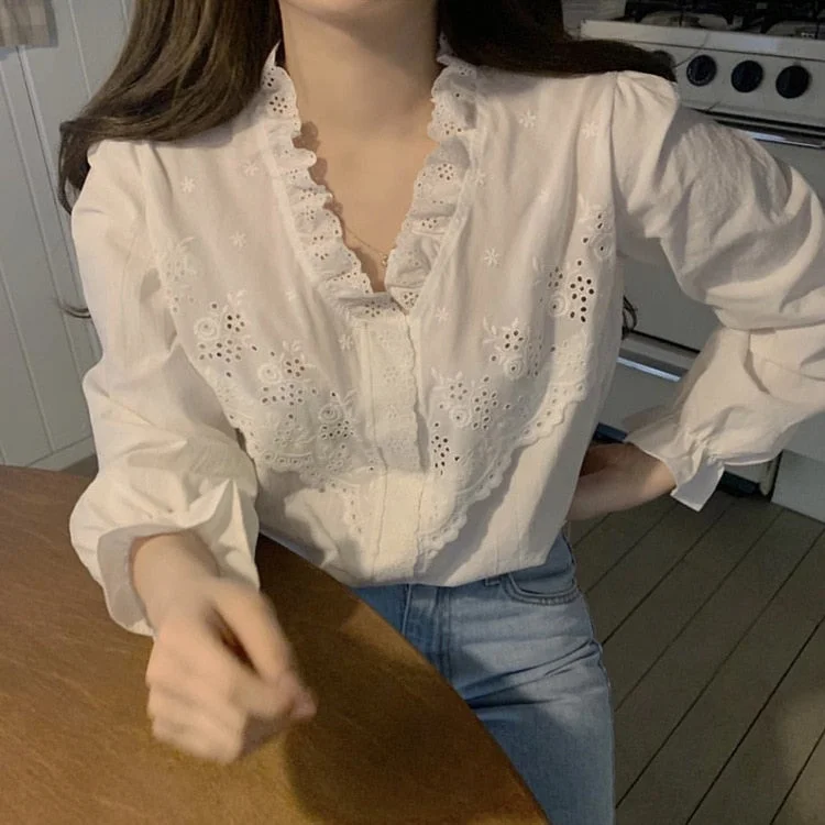 Blouses Shirts Women Spring Womens Outwear Lace-edge Elegant Princess Retro Solid All-match Daily Date Party Fashion Ulzzang Ins