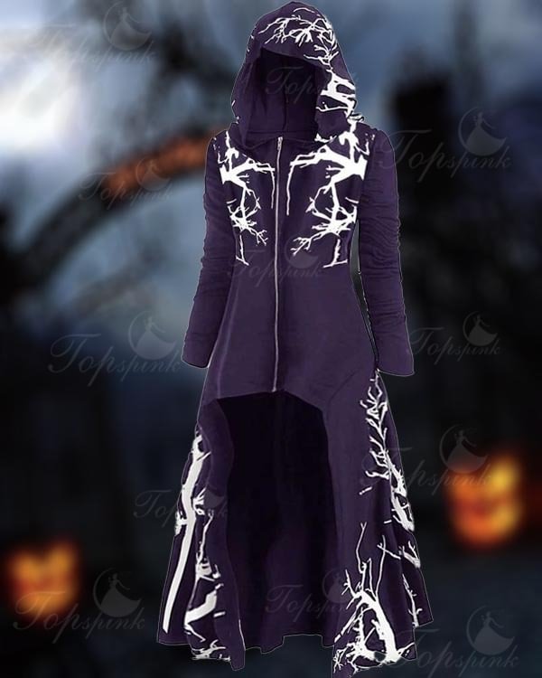 Halloween Cape Hooded Irregular Print Long-sleeve Coat