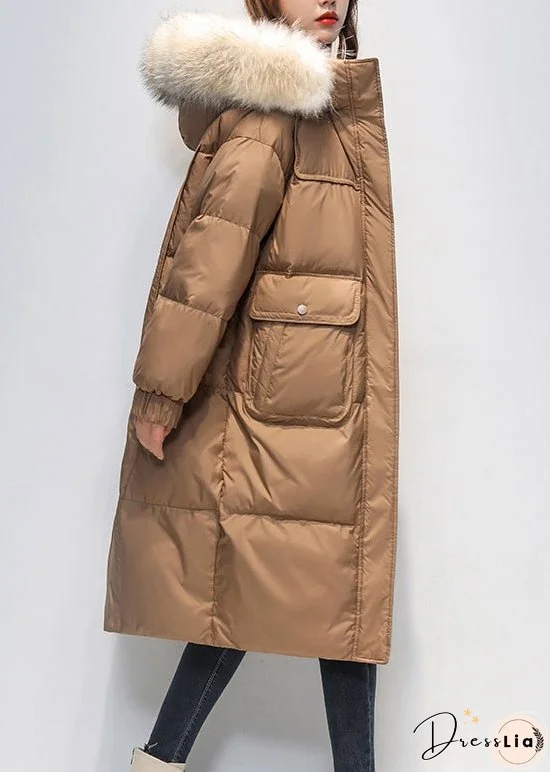 Loose Coffee Fur Collar Hooded Pockets Duck Down Long Coat Winter
