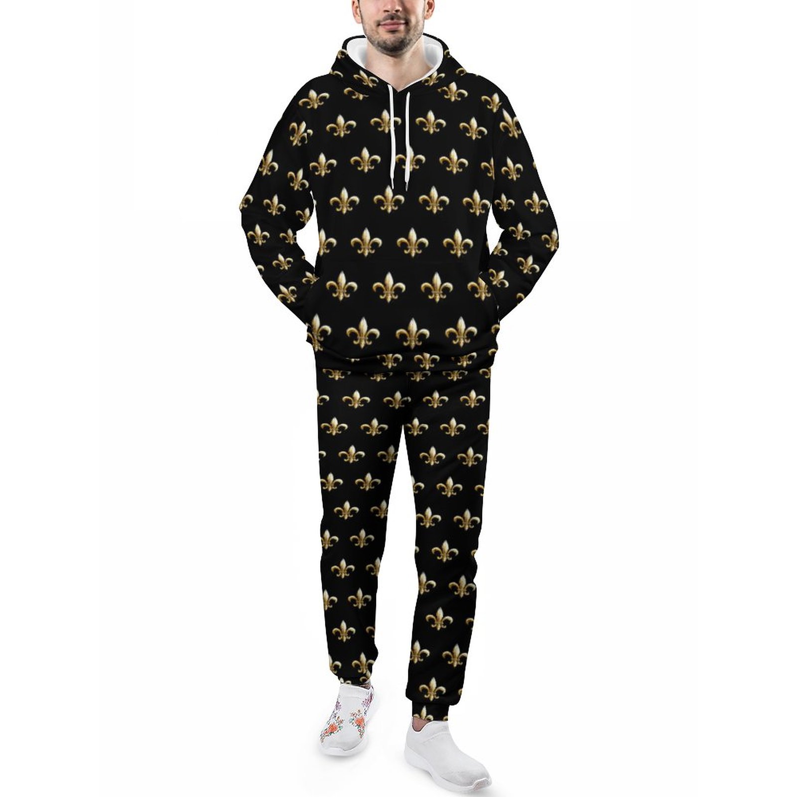 Mardi Gras Fleur De Lis Black Gold Men's Sweatsuits Set Guys Loose Fall And Winter Athletic Pullover And Sweatpants Suit Outfit