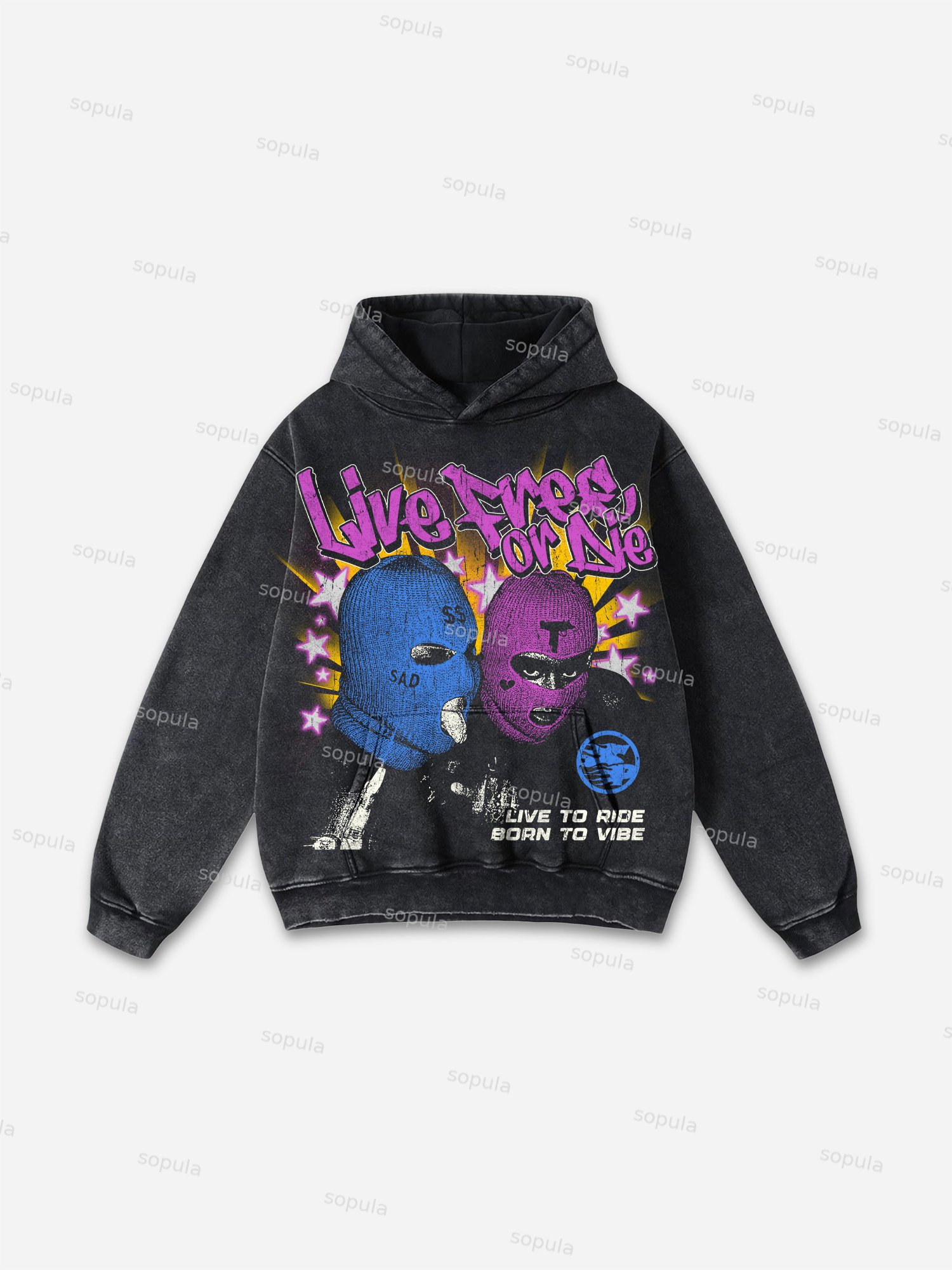 Sopula Streetwear With Gang-Inspired Character Graphic Washed Hoodie - SOPULA