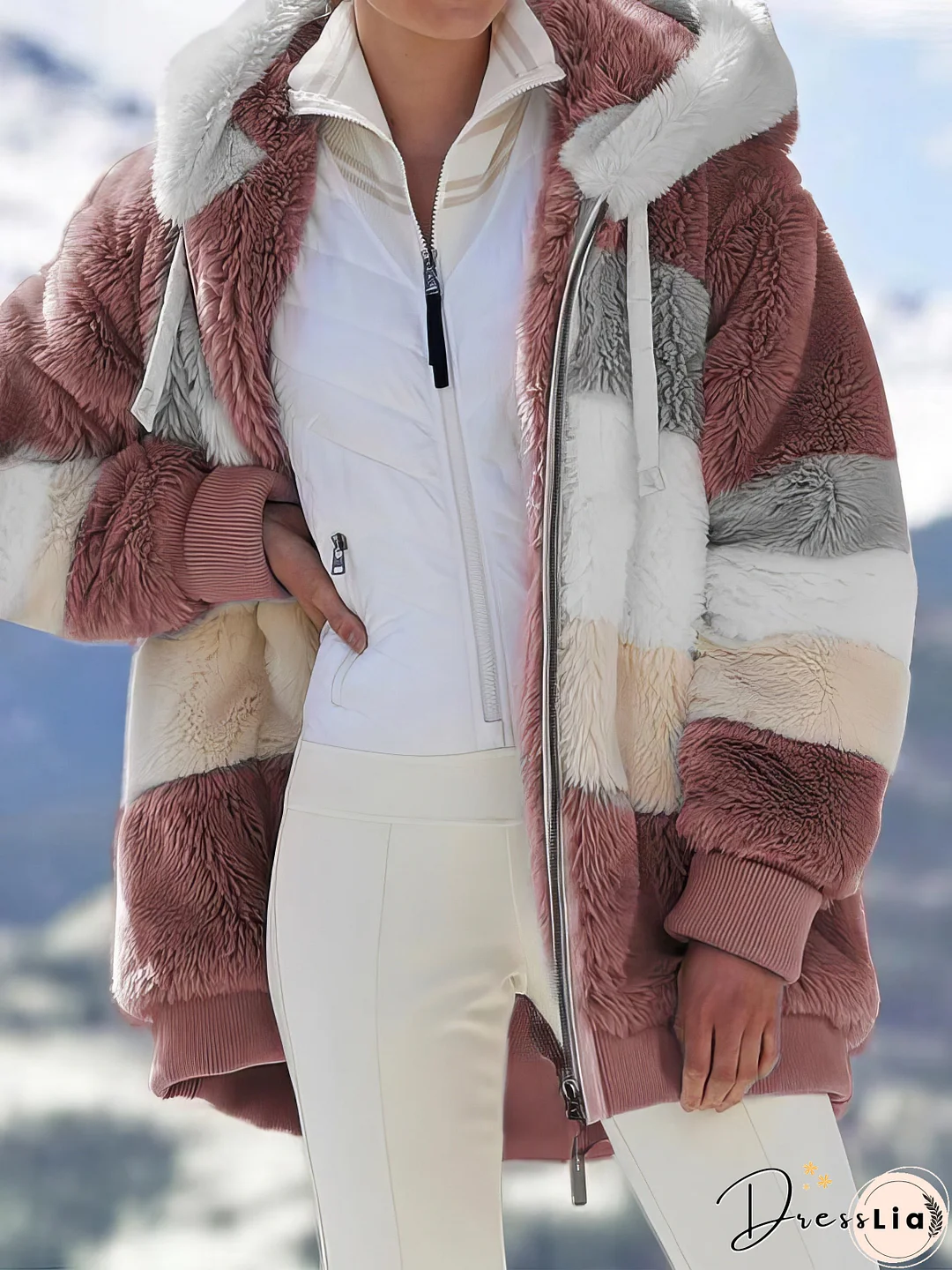 Plush Multicolor Hooded Zipper Coat