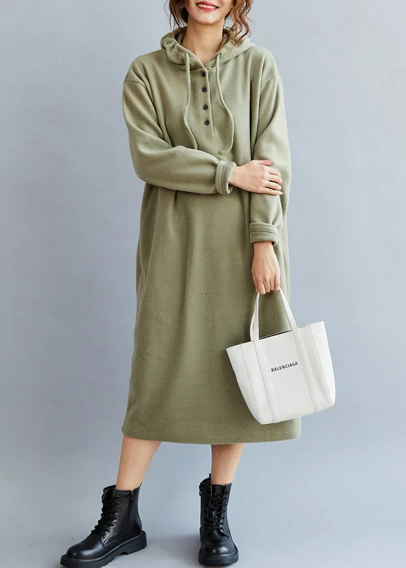 Boho Green Hooded cozy Warm Fleece Sweatshirt dress Spring