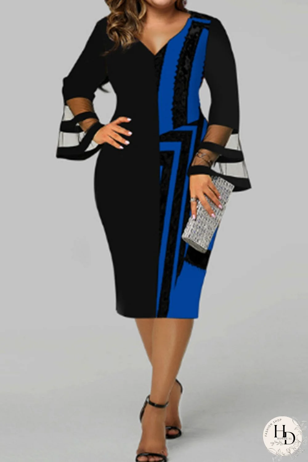 Blue Fashion Casual Print Patchwork V Neck Long Sleeve Plus Size Dresses