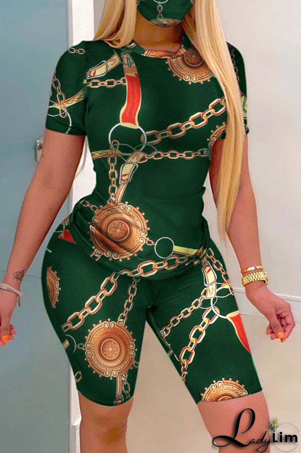 Burgundy Fashion Casual Print Basic O Neck Short Sleeve Two Pieces