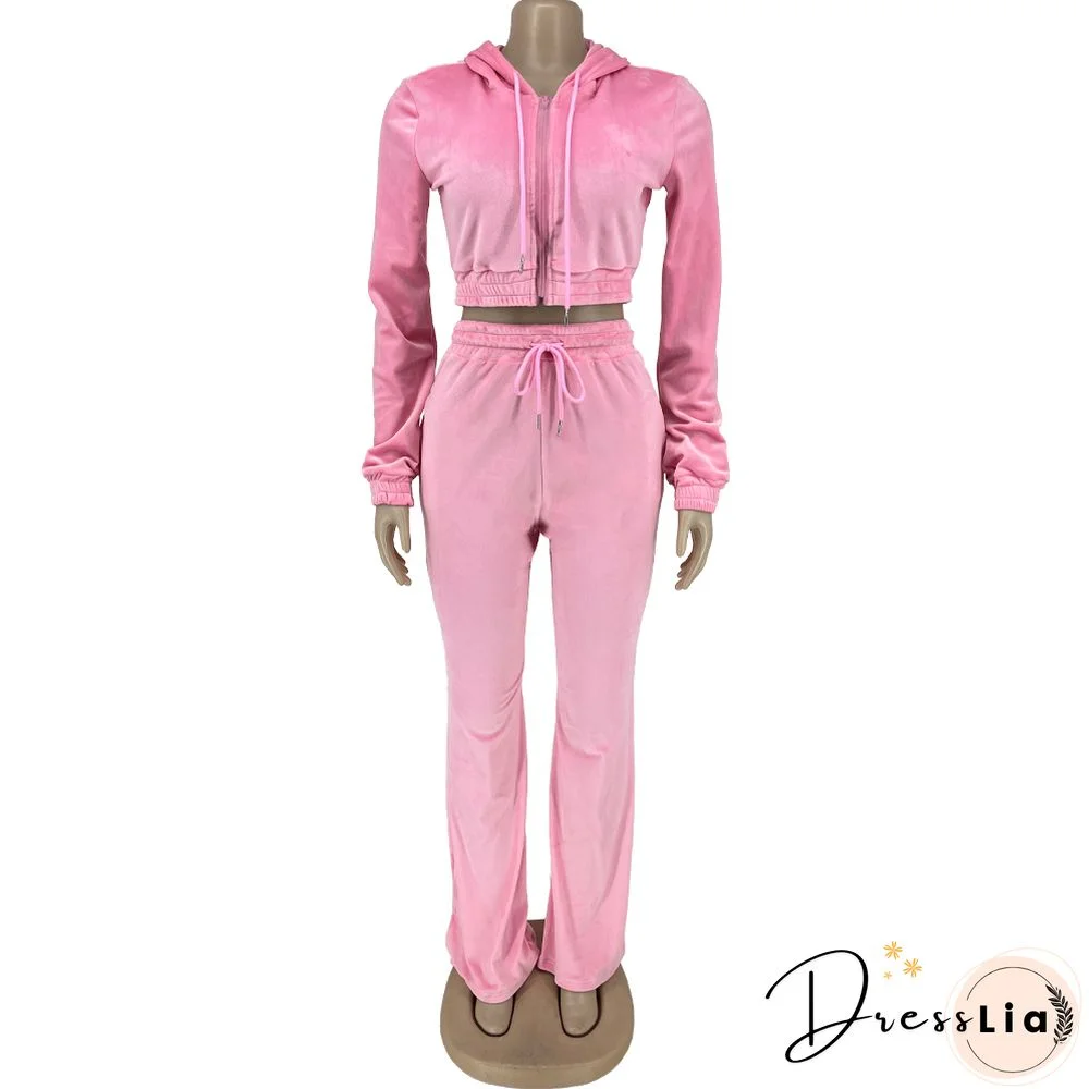 Zipper Hooded Jacket Flare Pants Velvet Two Piece Set