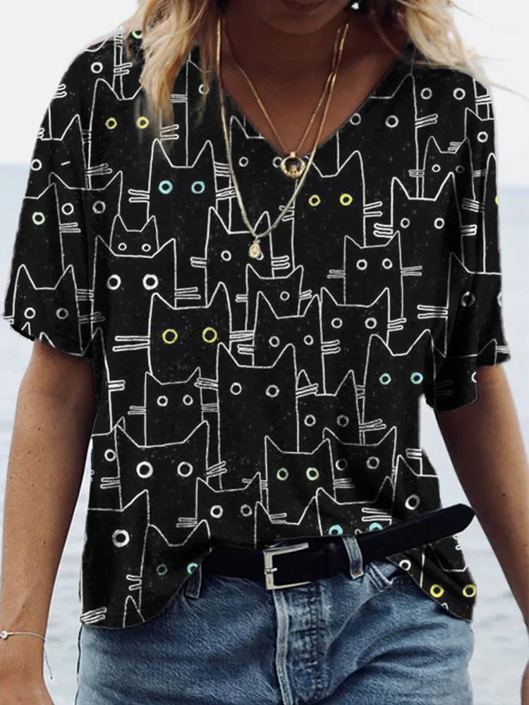 Crowded Black Cats Graphic V Neck T Shirt