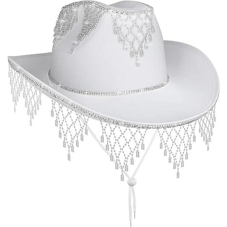 Party Tassel Rhinestone Cowboy Wedding Hat-White