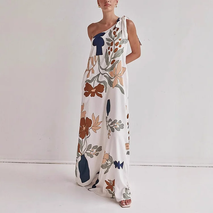 Oblique Shoulder  Printed Dress