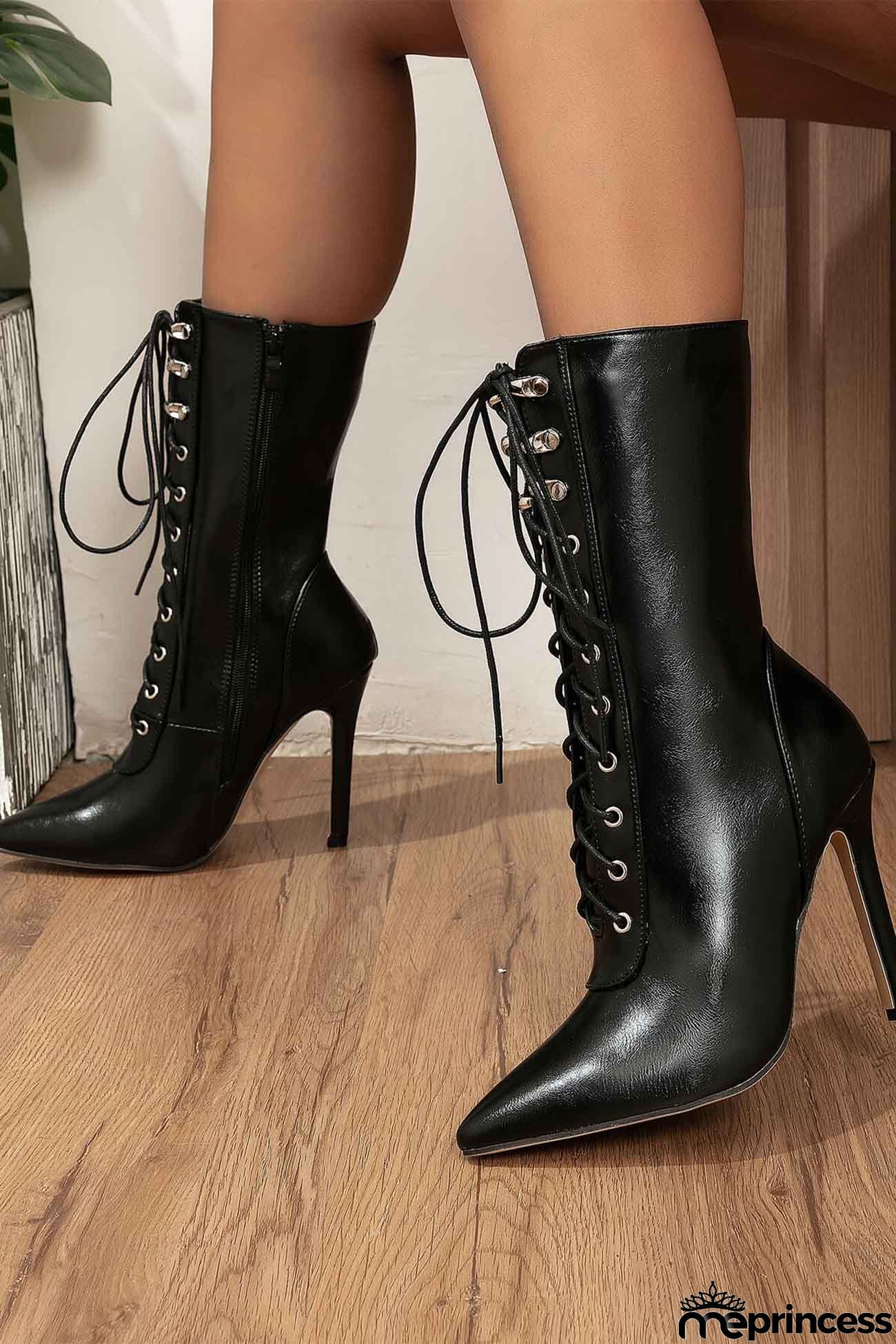 Pointed Toe Lace Up Mid-Calf Boots