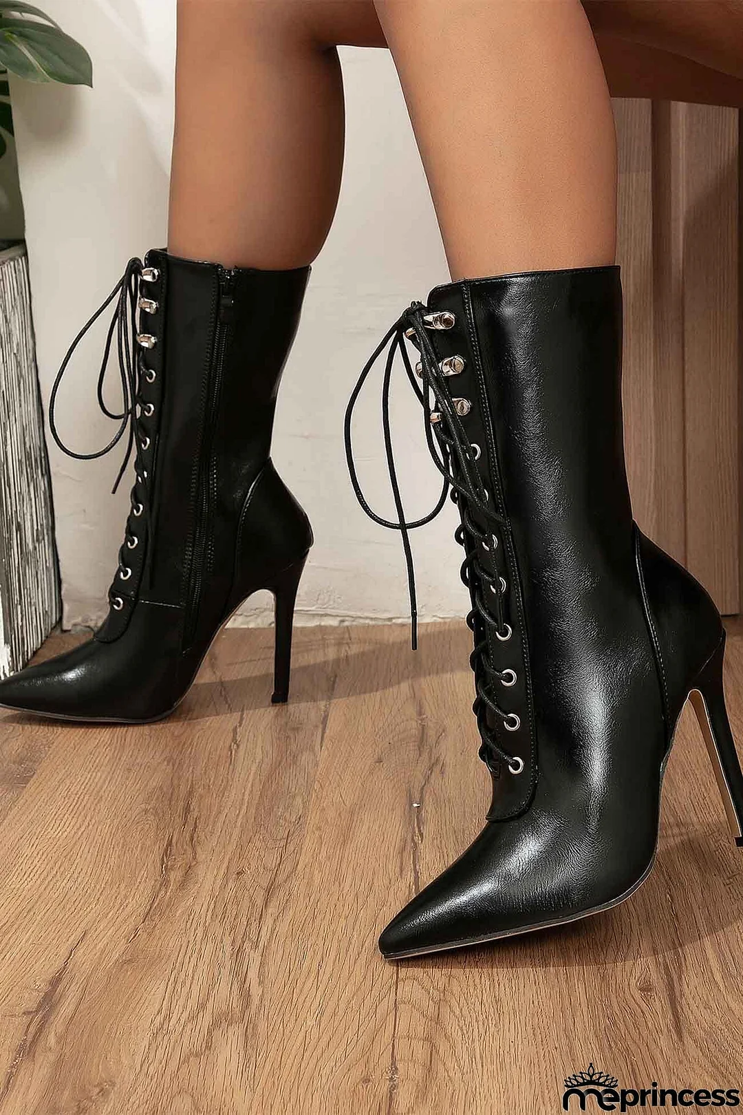 Pointed Toe Lace Up Mid-Calf Boots