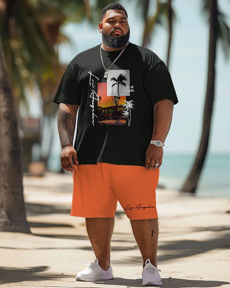 Men's Plus Size Hawaiian Coconut Tree Sunset Alphabet Print T-Shirt Shorts Suit