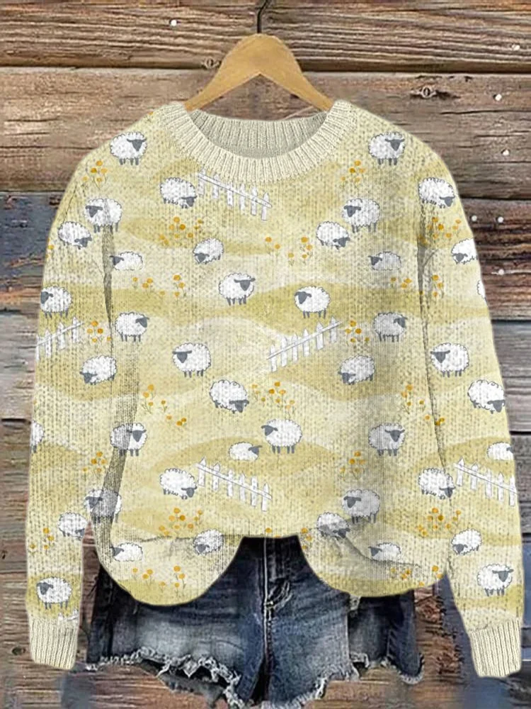 Farm Sheep Print Casual Cozy Knit Sweater