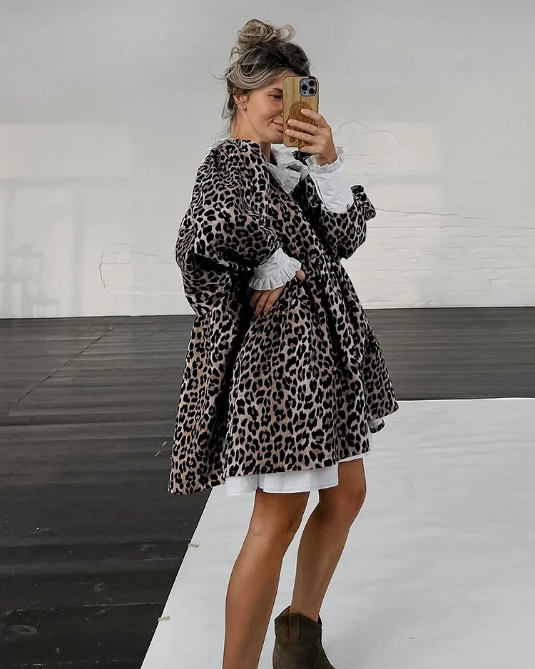 Leopard Print V-Neck Bubble Sleeve Patchwork Ruffle Mini Dress