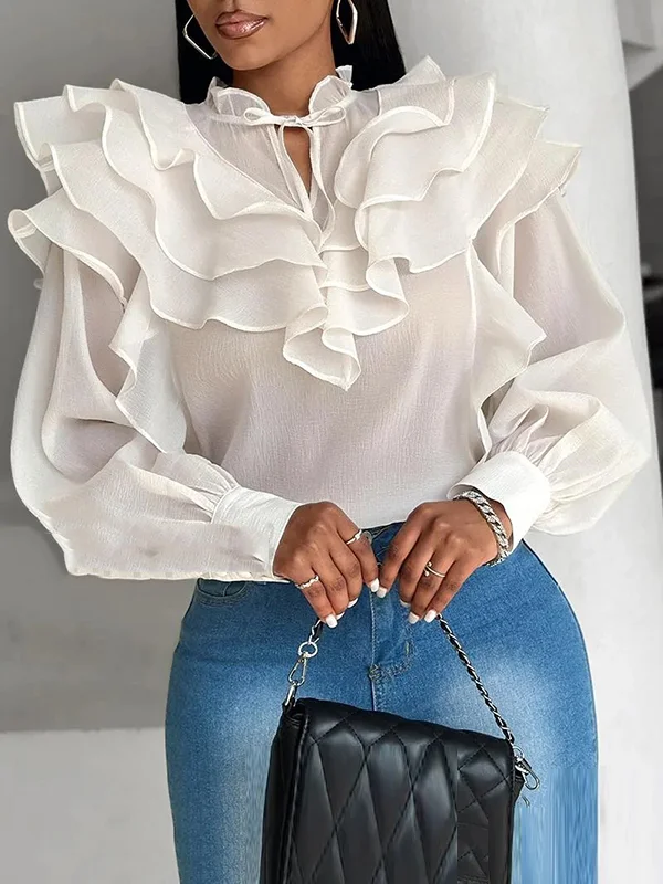 Loose Puff Sleeves Floral Gauze Lace-Up Pleated See-Through Solid Color Stand Collar Blouses