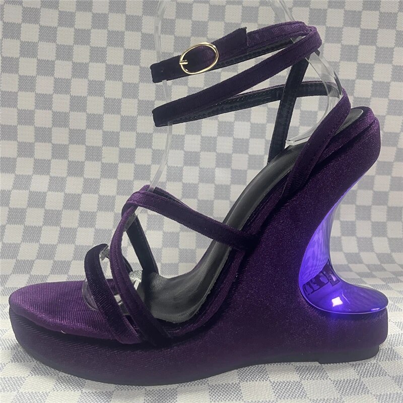 VCSHOES Velvet High Wedges Modern Sandals Women Narrow Band Ankle Strappy Fretwork Heel Platform Shoes