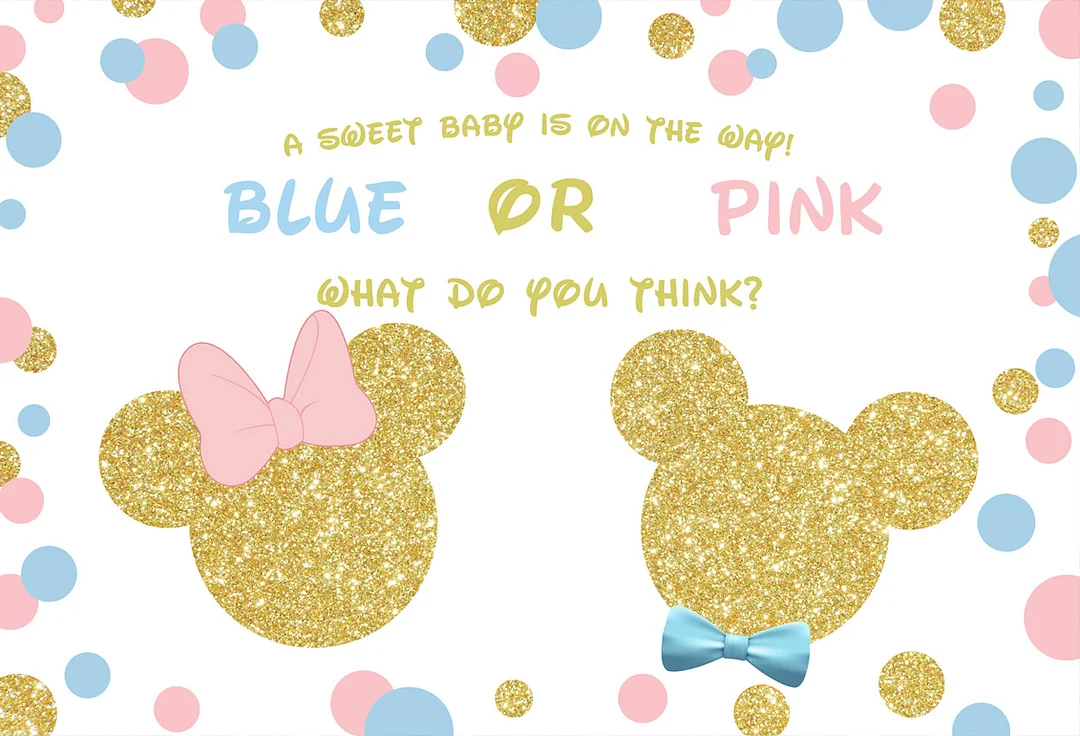 Blue Or Pink Cartoon Glitter Golden Mouse Gender Reveal Backdrop RedBirdParty